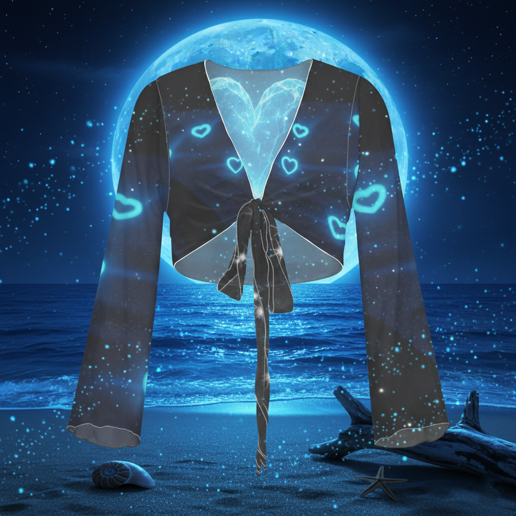 Top corto con lazo frontal y corazón de cristal "Electric Love Glow" (manga larga, estilo festival)