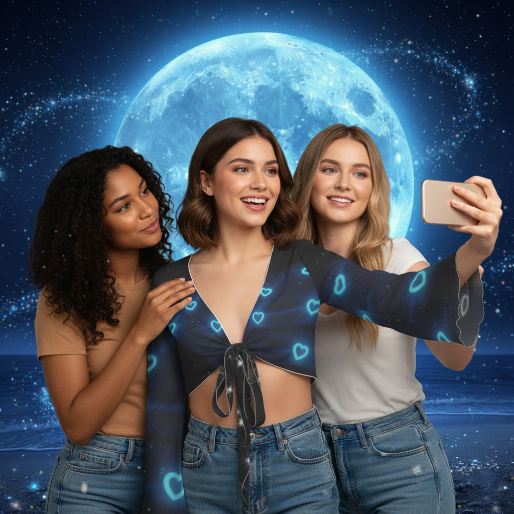 Top corto con lazo frontal y corazón de cristal "Electric Love Glow" (manga larga, estilo festival)